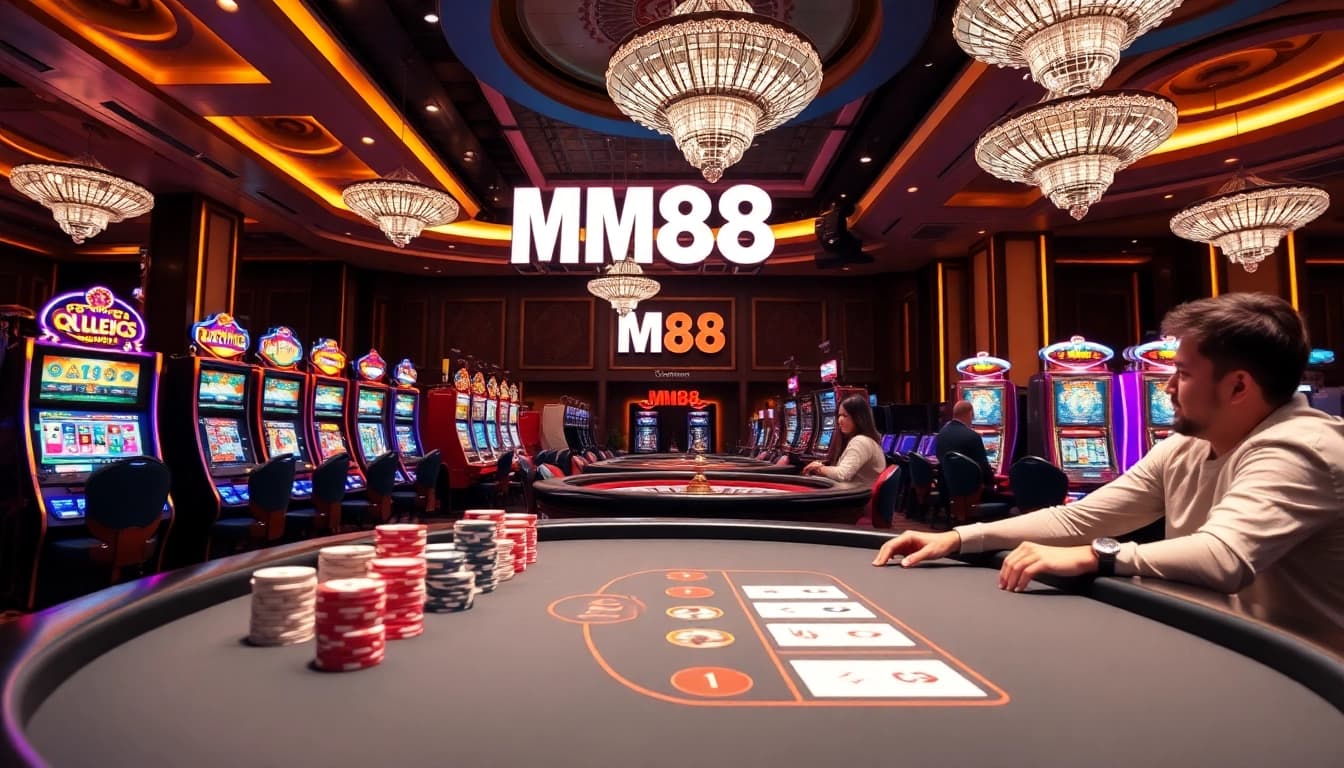 MM88 players enjoying a thrilling game at a luxurious casino table, with vibrant slot machines.