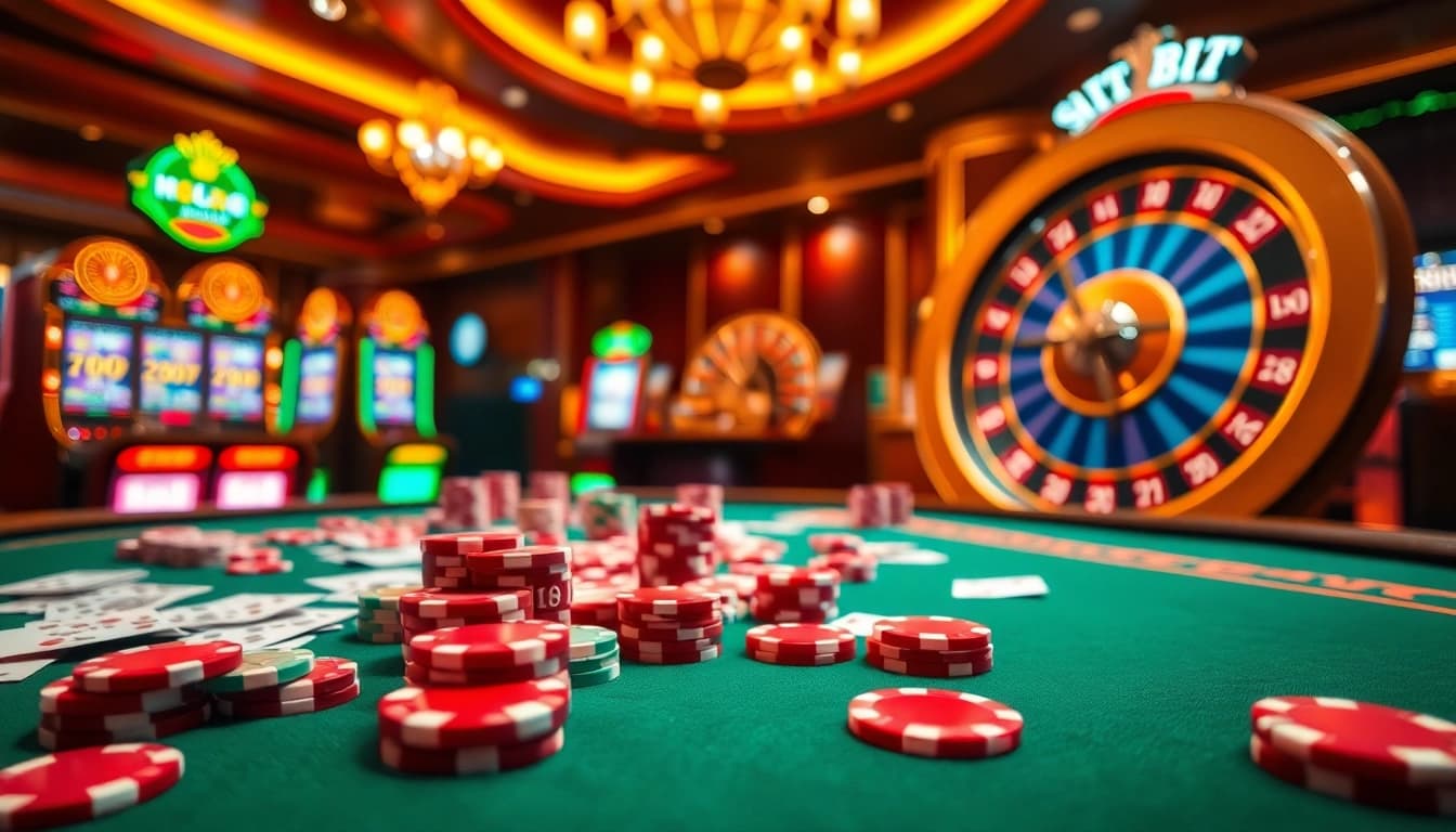 Engage in thrilling mmoo game đổi thưởng at a luxurious casino with vibrant poker chips and roulette.