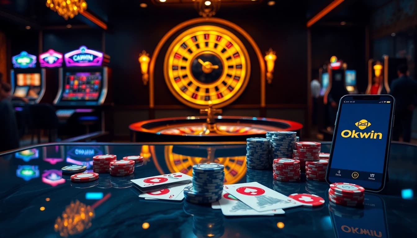 Players immerse in an exciting gambling scene featuring Okwin-themed casino tables and vibrant slot machines.