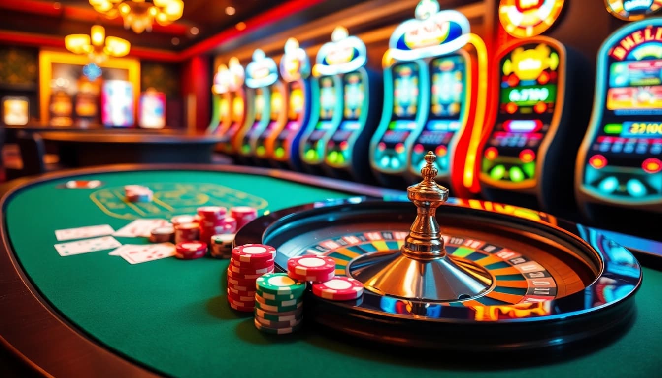 Gamble at 555win's luxurious casino tables with poker chips, cards, and roulette wheels.