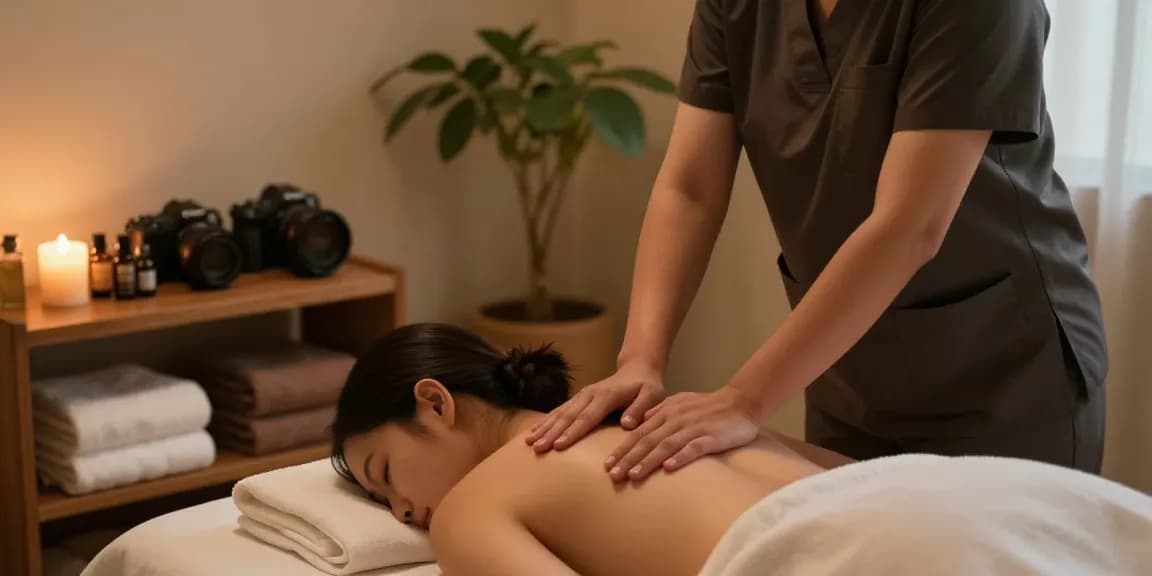 Relaxing 구로마사지 experience in a tranquil spa, therapist giving a soothing treatment amid calming ambiance.