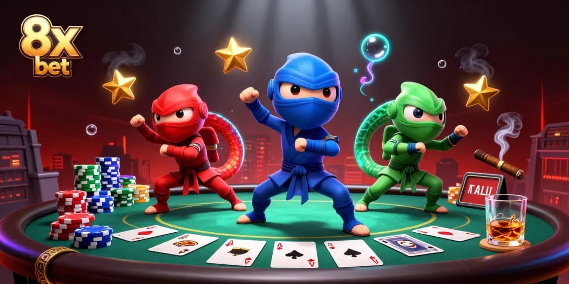 Experience thrilling gameplay with 8x bet in a dynamic scene featuring colorful chameleons and poker elements.