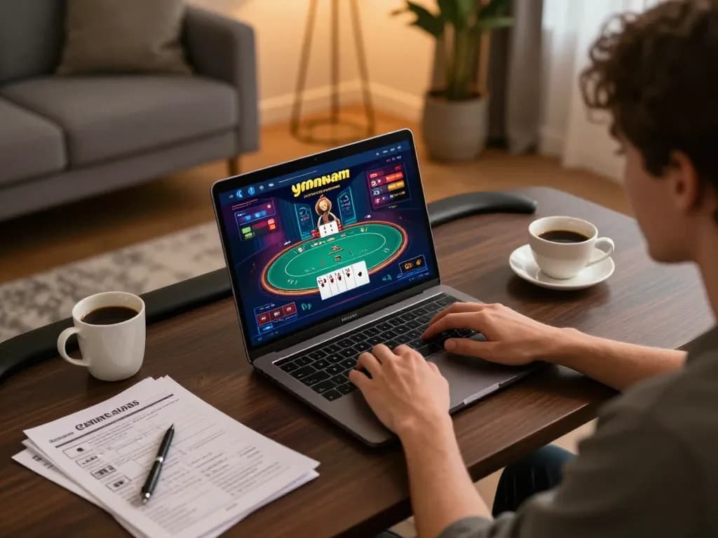 Player engaging with 99win on a laptop at home, illustrating online gambling strategy.