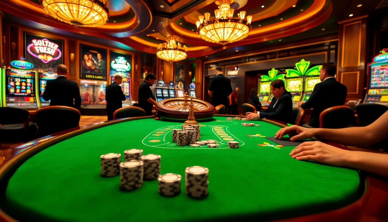 Khela88 bet poker table with players, roulette wheel in vibrant casino ambiance