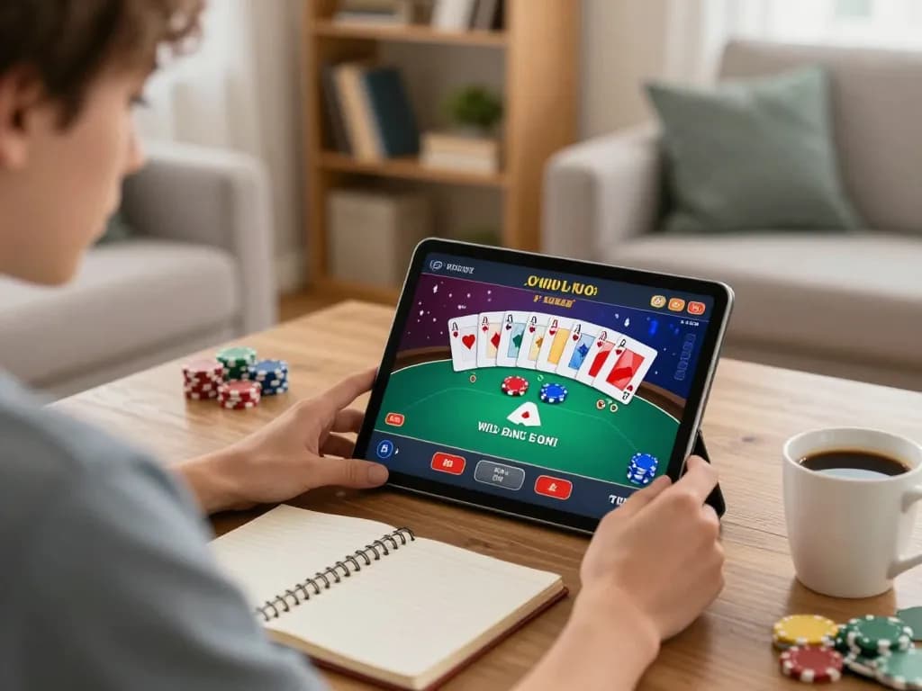 Player exploring cm88-bet poker interface on tablet in cozy living room atmosphere