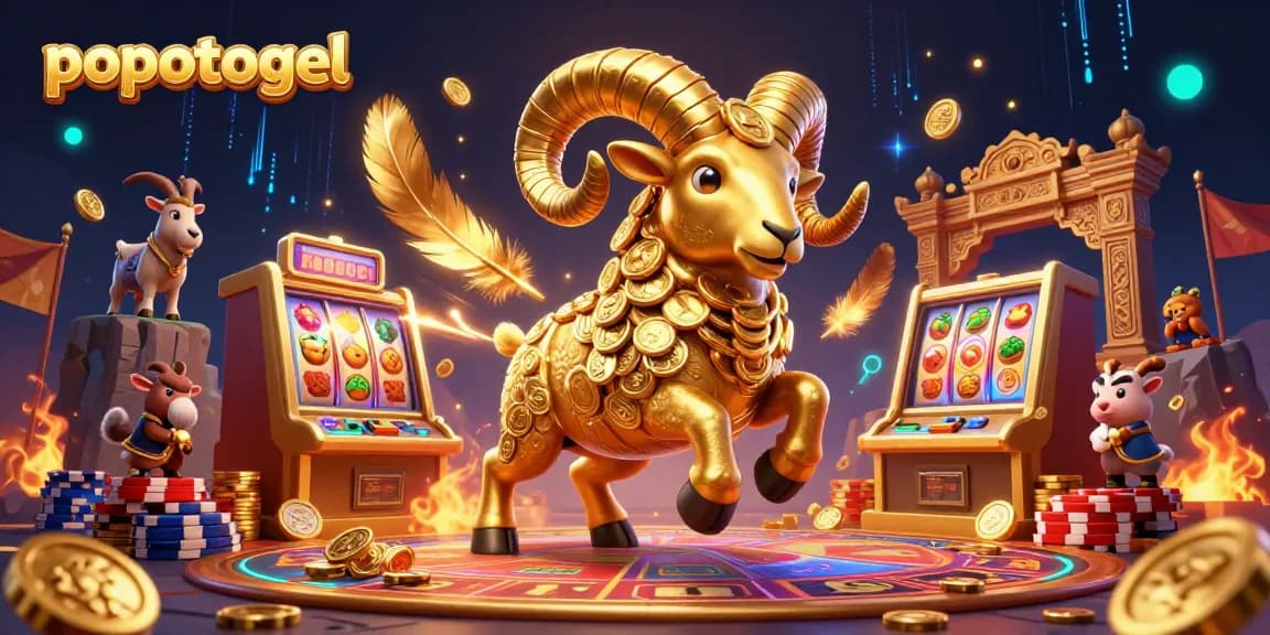 Spin and win with popotogel's vibrant scene featuring a golden ram charging towards a jackpot slot machine.