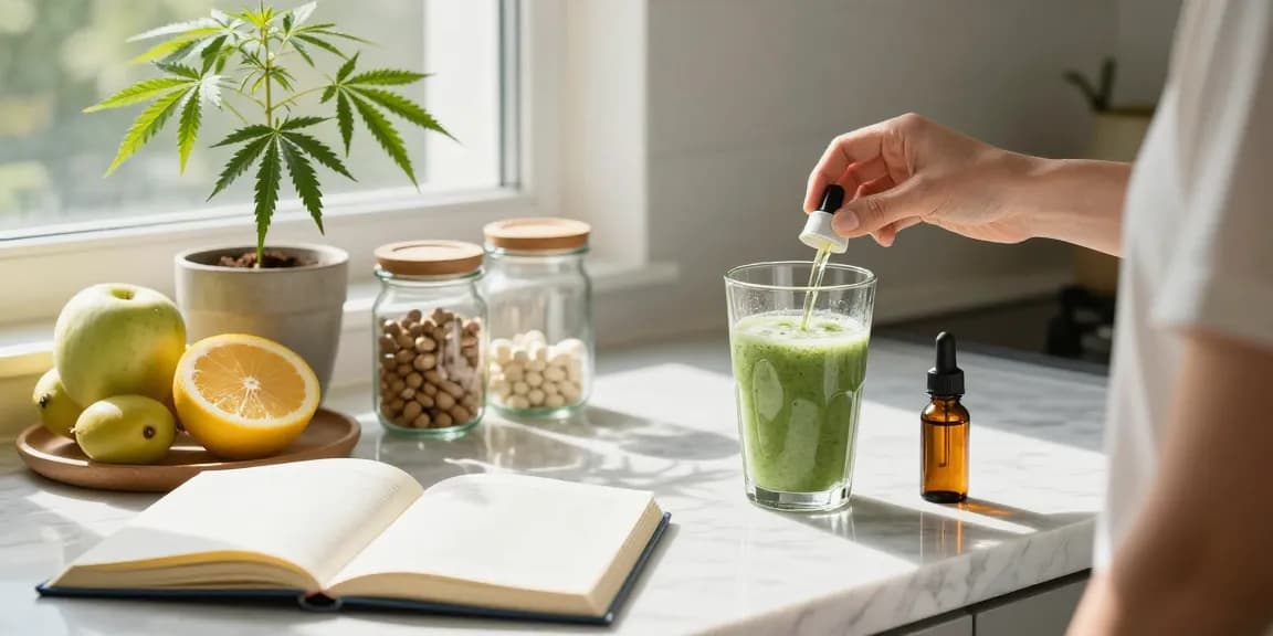 Cali UK wellness scene featuring CBD oil and natural ingredients for a healthy morning smoothie.