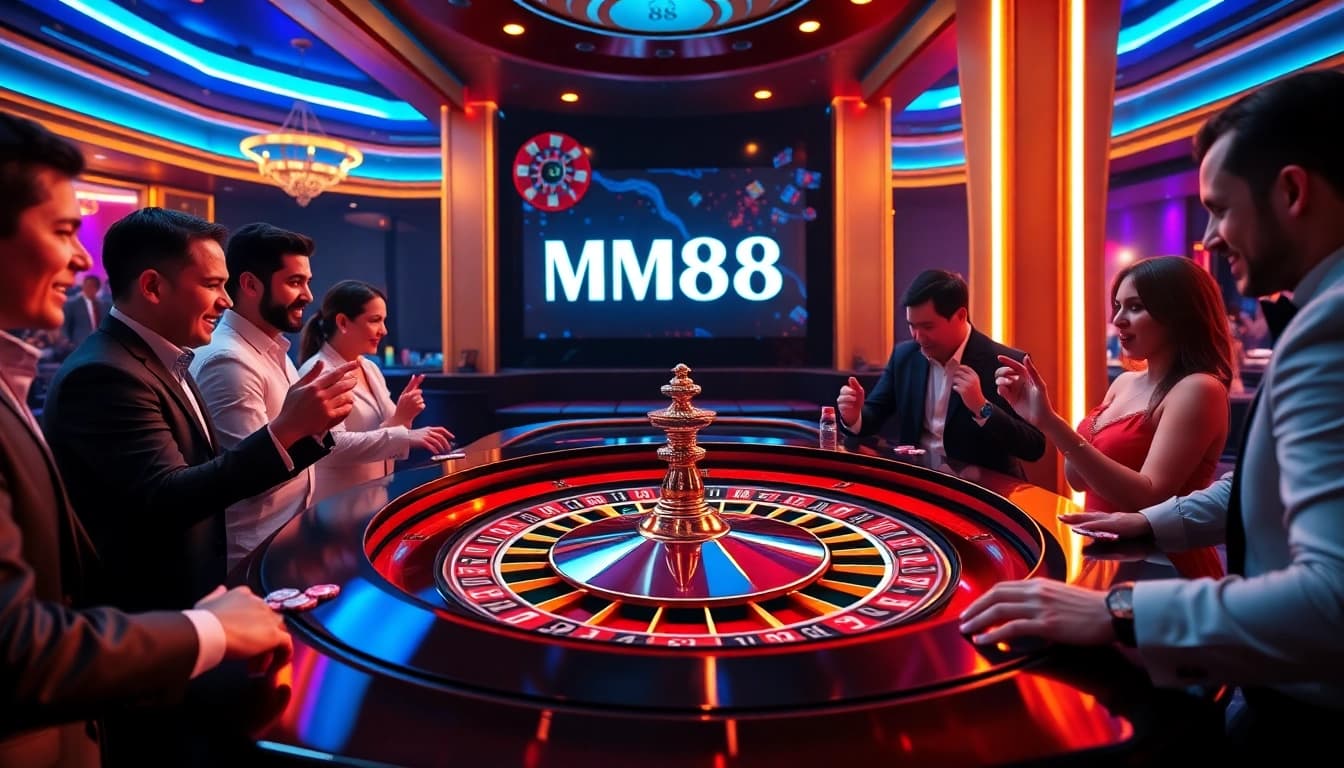 Excited players engaging at the roulette table in a luxurious MM88 casino setting.