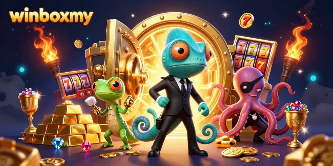 WinboxMY showcases a vibrant casino scene with colorful characters and dynamic gaming elements.