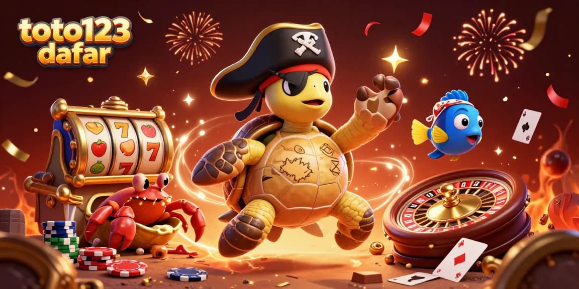 Toto123 daftar showcases vibrant 3D casino elements with a pirate turtle, enhancing your gaming experience.