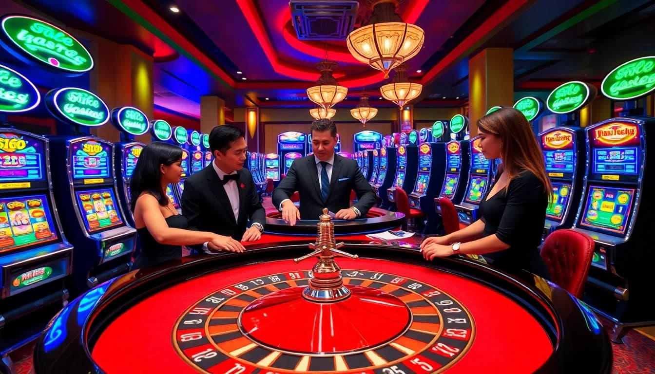 Experience the thrill of RR88 casino with vibrant roulette and slot games in a luxurious setting.