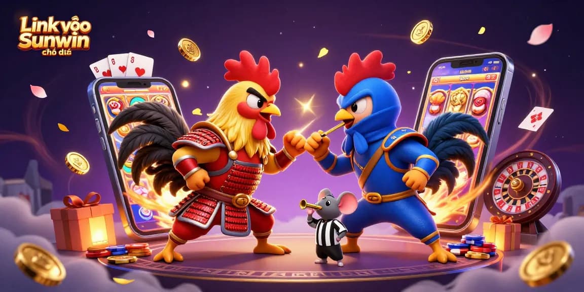 Engage with thrilling games via Link vào Sunwin chính thức, showcasing dynamic rooster battle and vibrant casino elements.