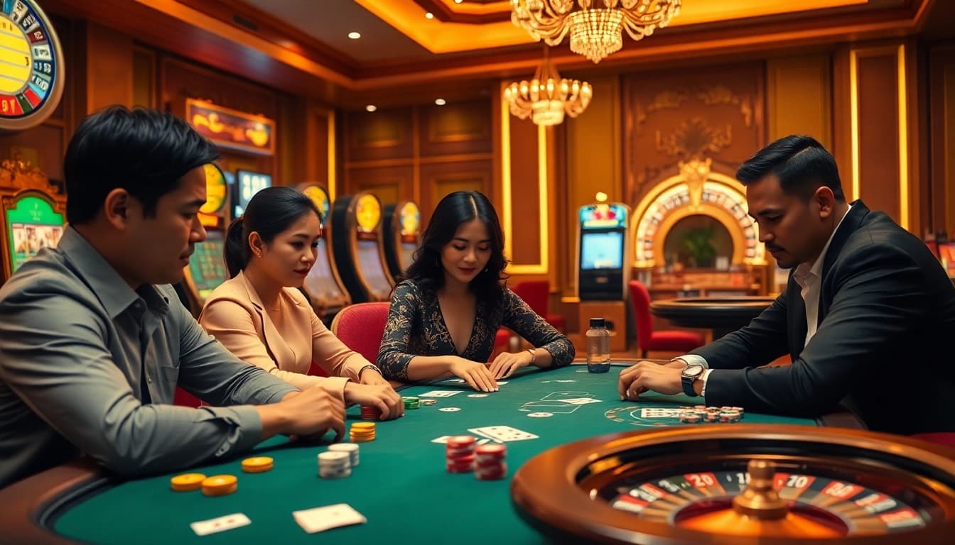 Engage with the thrilling atmosphere of a high-stakes game at Trang Chủ UU88, featuring strategic poker players and vibrant casino elements.
