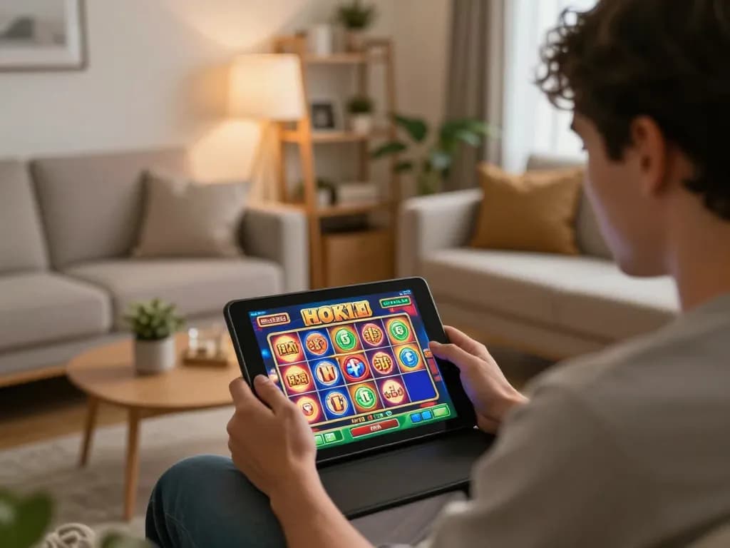 Engaging player spins hoki slot game on tablet in cozy home setting, showcasing online gambling.
