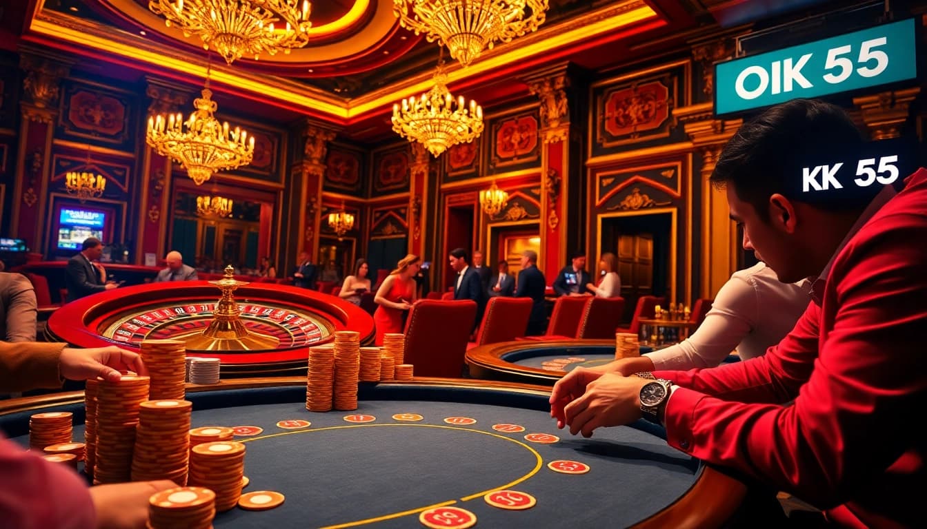 Exciting casino scene with players at an OK365 poker table, chips stacked high amid vibrant lights.