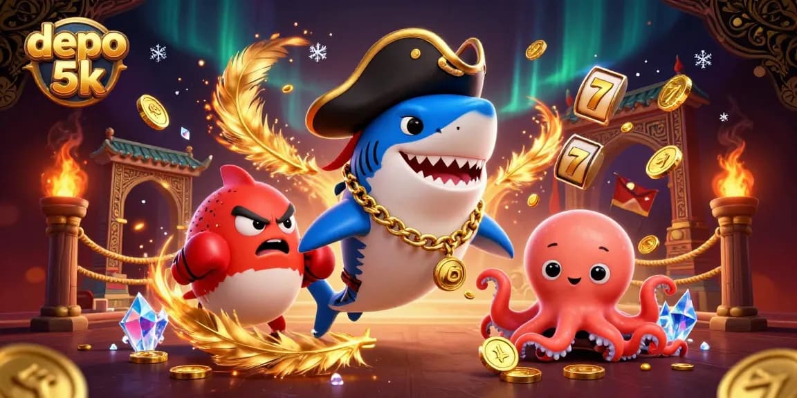 Experience the thrilling world of depo 5k with cartoon characters celebrating slot gameplay and jackpots.