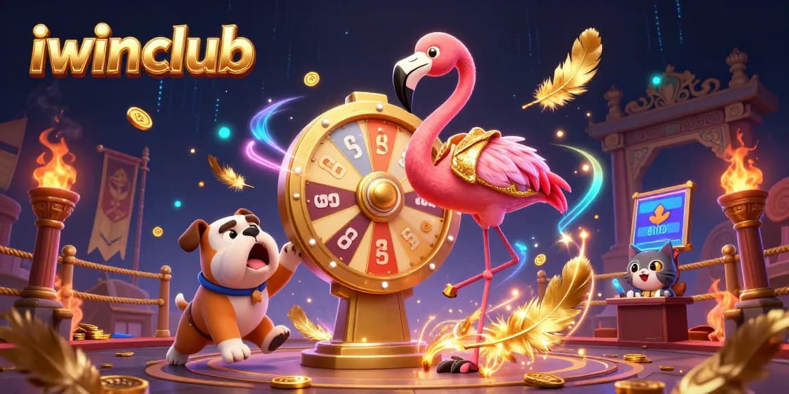 Experience the thrill of iwinclub with a vibrant game show scene featuring beloved characters and casino elements.