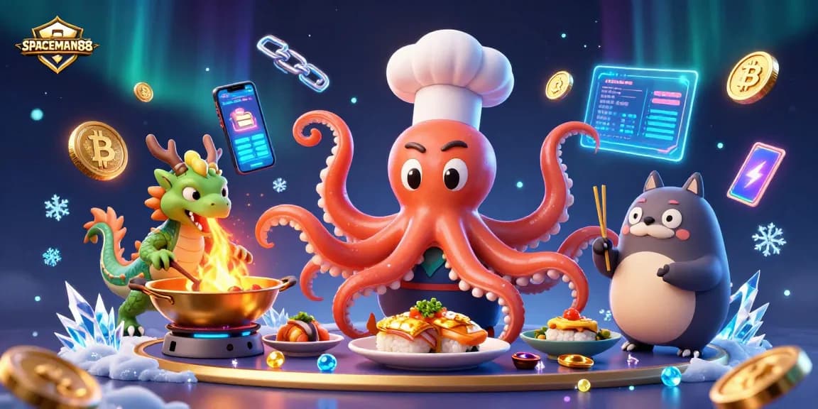 Enjoy thrilling gaming moments with SPACEMAN88 as dynamic characters cook, showcasing vibrant casino elements.