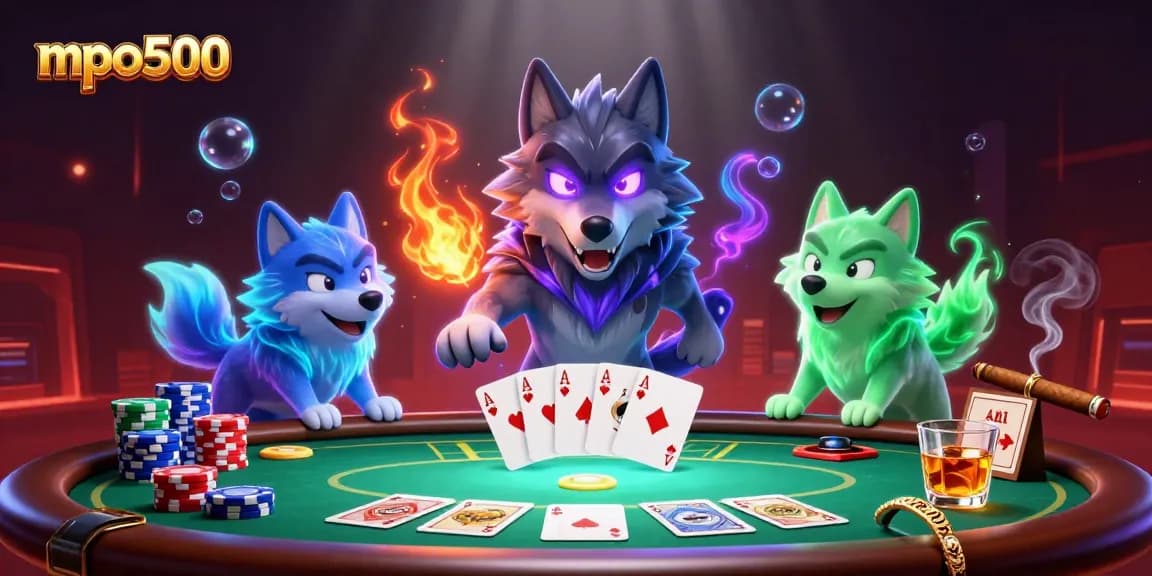 Engage in thrilling games at mpo500 with a dynamic poker scene featuring glowing wolves.