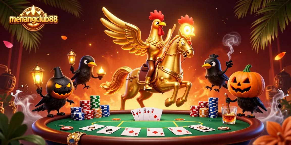 Experience the excitement at menangclub88 with a golden rooster riding through a vibrant casino scene