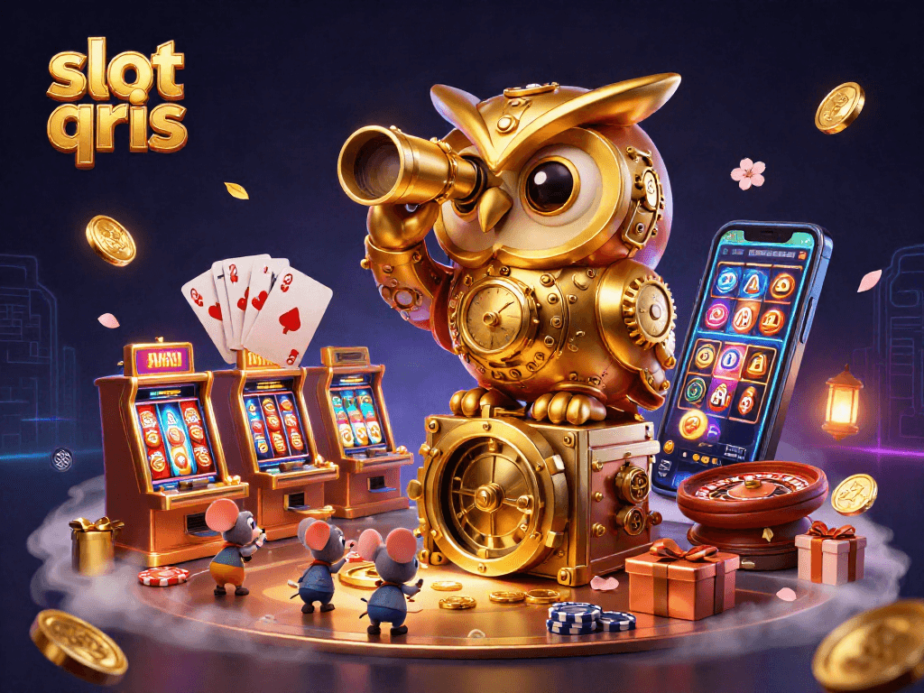 Experience the thrill of slot qris with a golden owl surveying a vibrant casino scene.