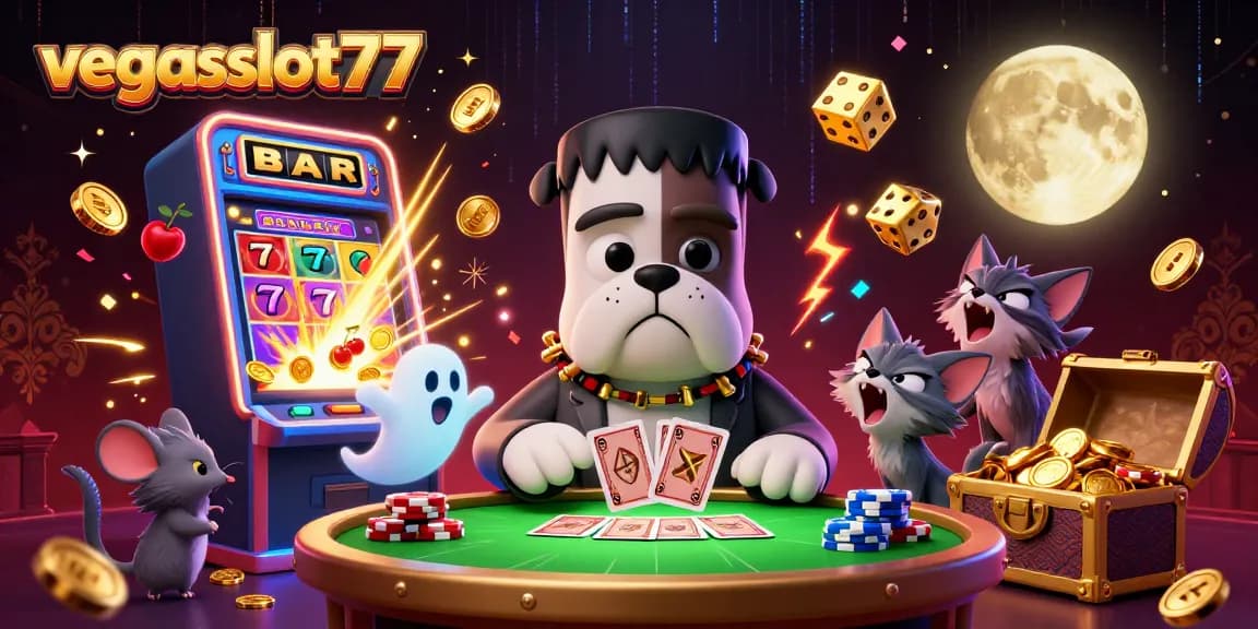Spin to win with vegasslot77's vibrant casino scene showcasing winning slots and playful characters.