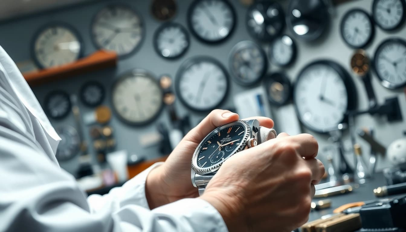 Watchmaker expertly constructs a rolex replica in a finely detailed workshop.