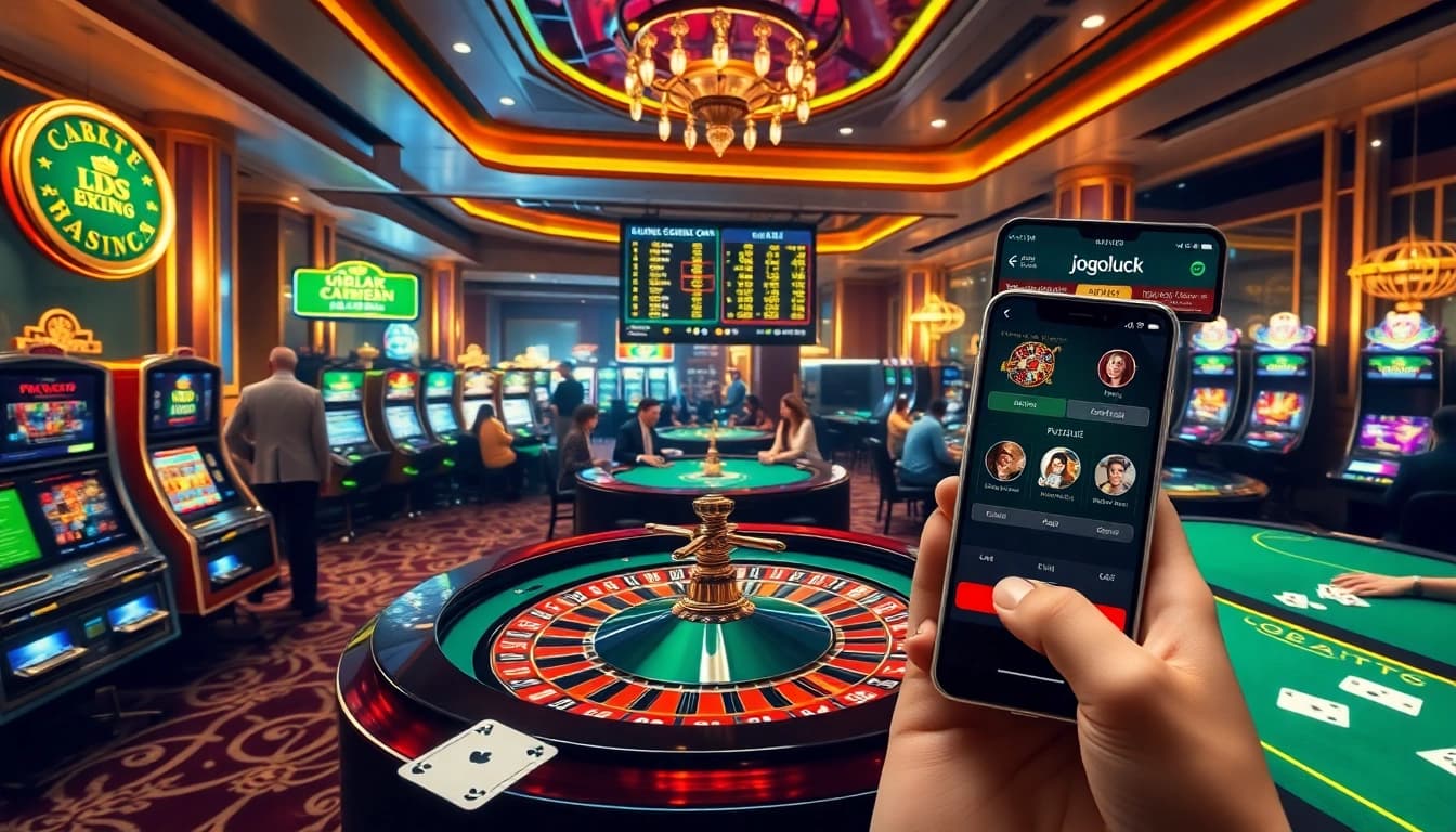 Engaged players enjoying a vibrant gaming experience at Jogoluck casino, featuring exciting tables and modern interfaces.