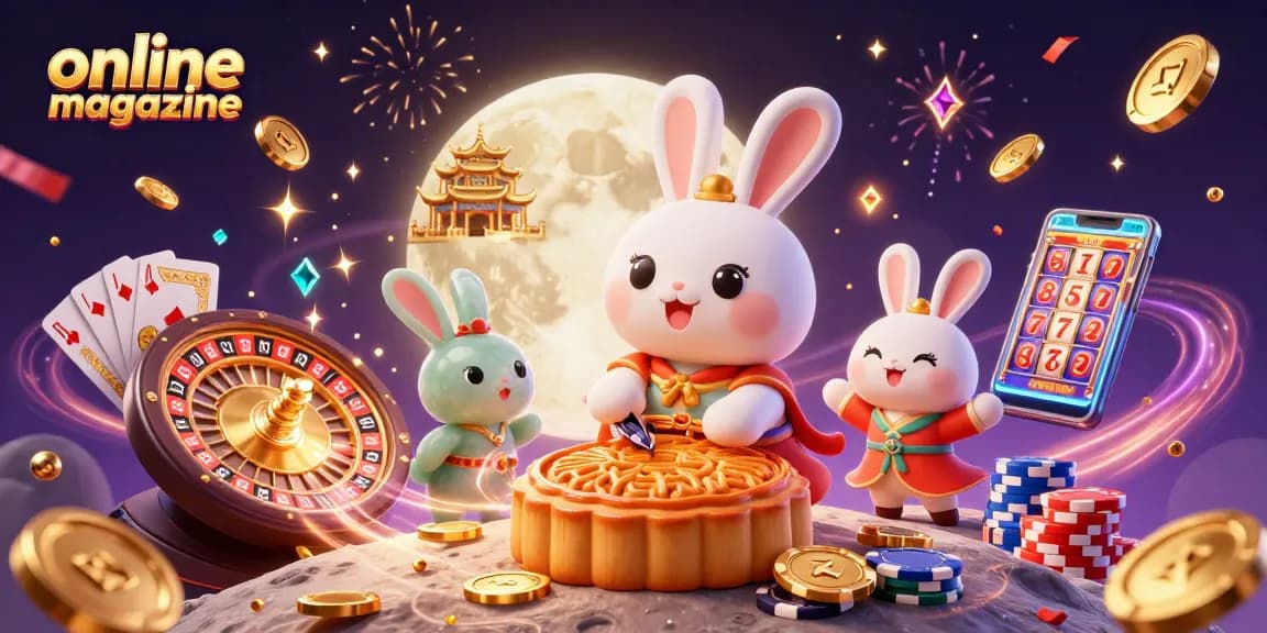 Engage with the vibrant online magazine showcasing a festive casino scene with a moon rabbit and poker chips.