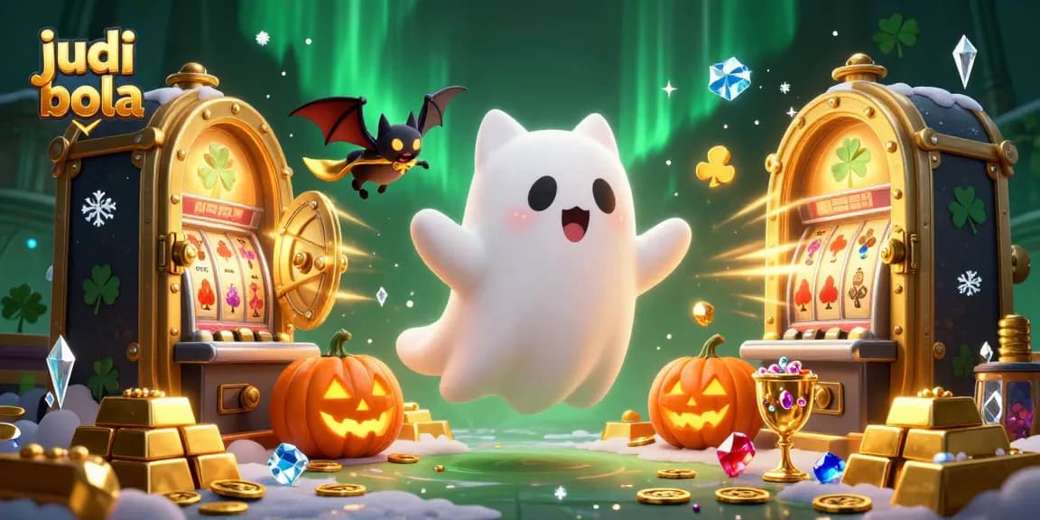 Engage in judi bola action with a friendly ghost cat in a gold-filled haunted casino scene.
