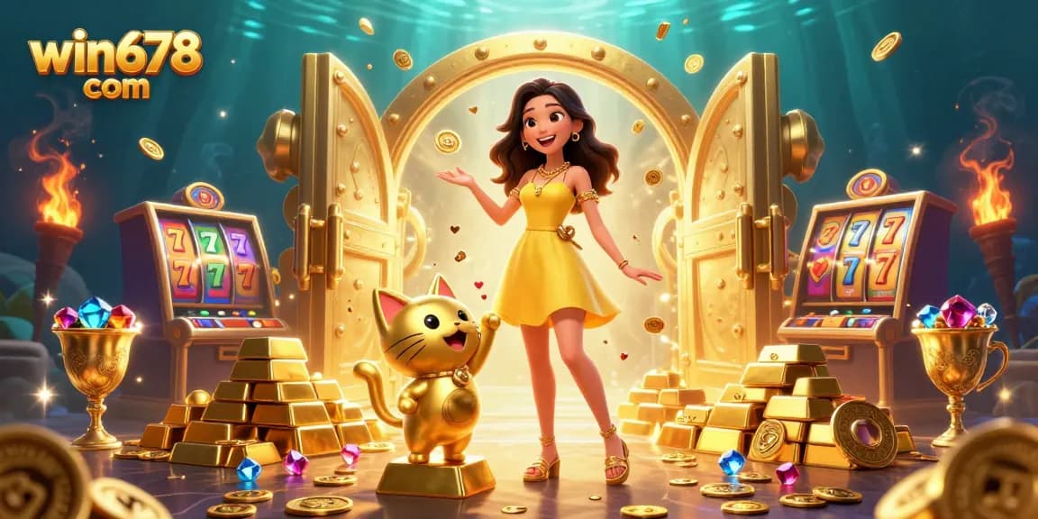 Experience the excitement of win678 com with a cheerful woman and a lucky cat surrounded by golden treasures and vibrant slot machines.