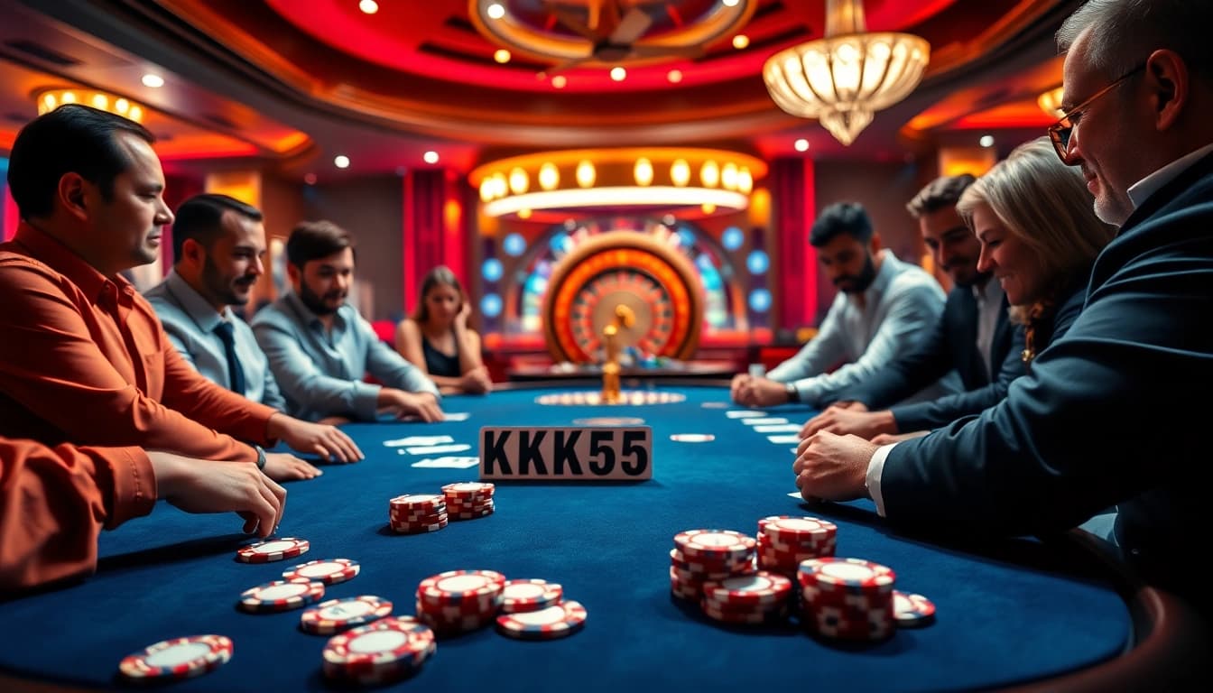 Players enjoy a thrilling poker game at a casino table featuring KK55 chips and vibrant décor.