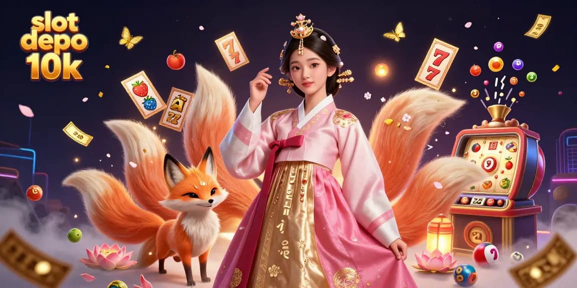 Engage in slot depo 10k excitement with a captivating illustration of a graceful character amidst vibrant slots and golden winnings.