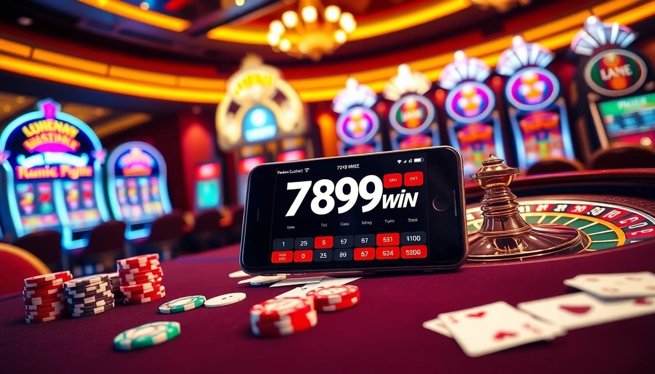 Action-packed casino scene featuring the 789win app on a smartphone among poker chips and gaming tables.