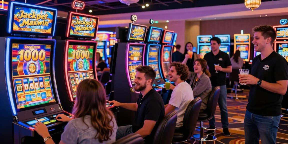 Engaged players celebrating wins at slot deposit 1000 machine in vibrant casino setting.