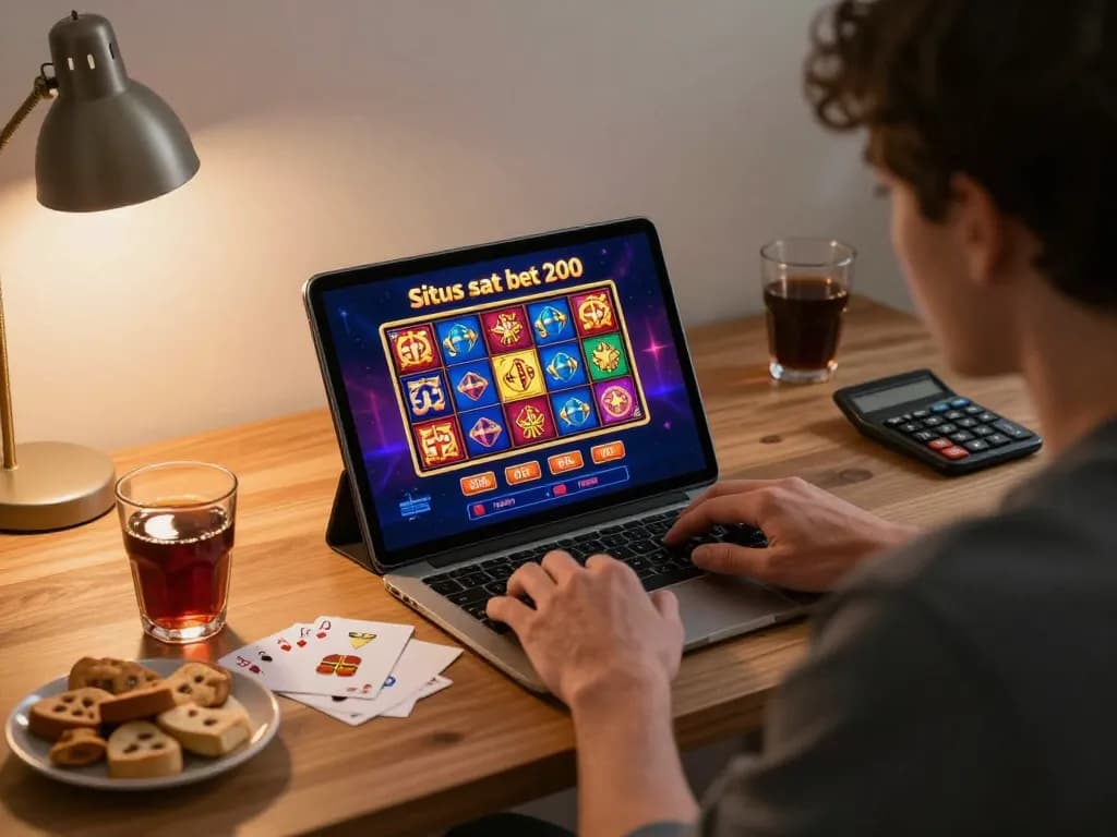 Engaging online gameplay for situs slot bet 200 with a player using a tablet in a stylish home office.