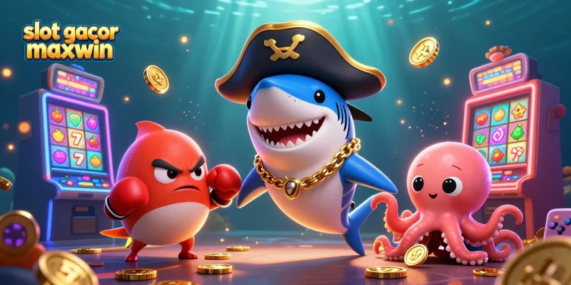 Engage with slot gacor maxwin in this vibrant 3D scene featuring casino-themed characters and elements.