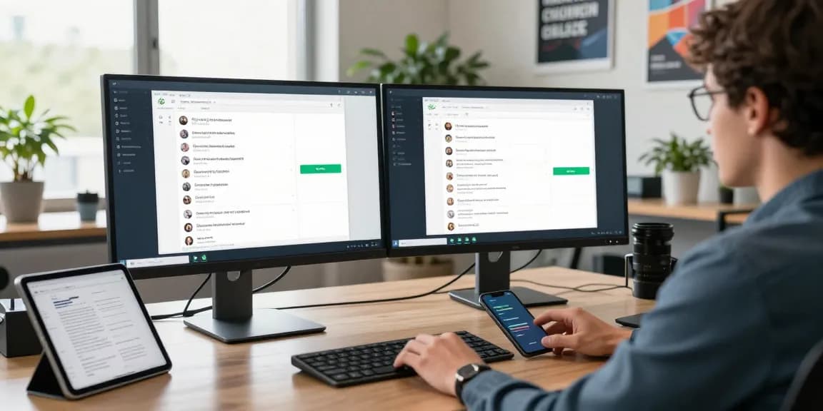 Professional using WhatsApp電腦版 on a modern desktop, showcasing productivity tools and a bright office.