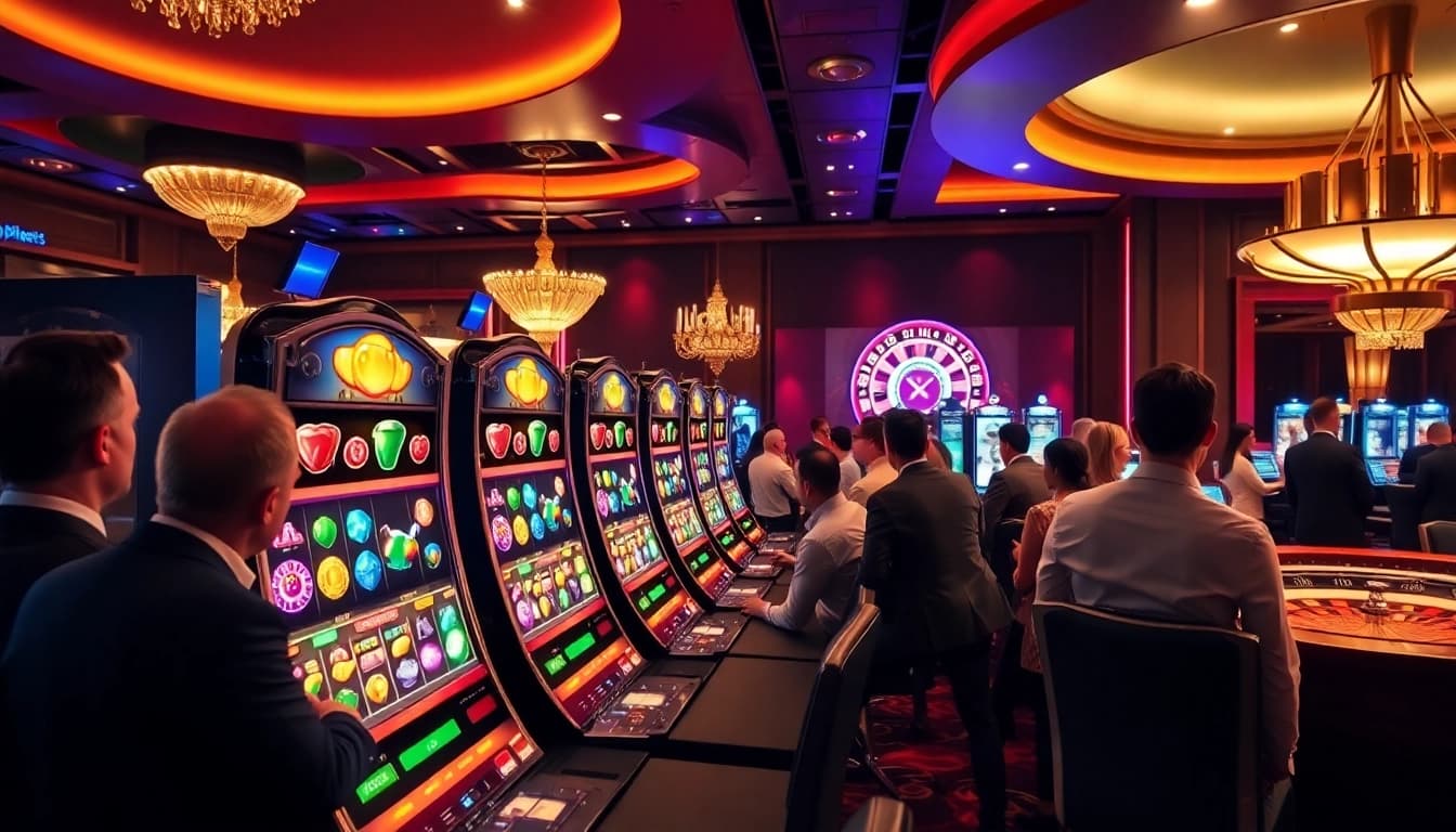 Engage in a thrilling pg slot demo game amidst a vibrant casino atmosphere, featuring vibrant slot machines.