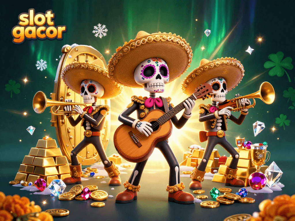 Experience thrilling slot gacor moments with our vibrant mariachi band illustration filled with treasure.