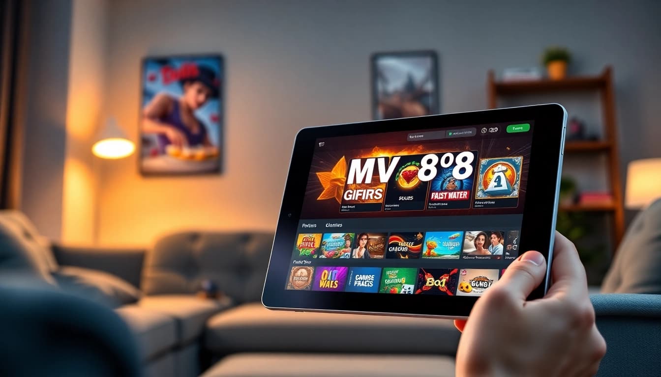 Engaging MV88 game interface on a tablet in a cozy living room, inviting gaming atmosphere.