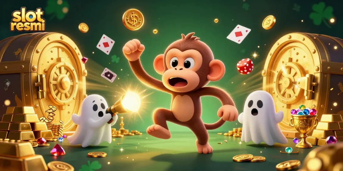 Engage in thrilling adventures at slot resmi with mischievous monkeys and ghost hunters in a vibrant casino setting.