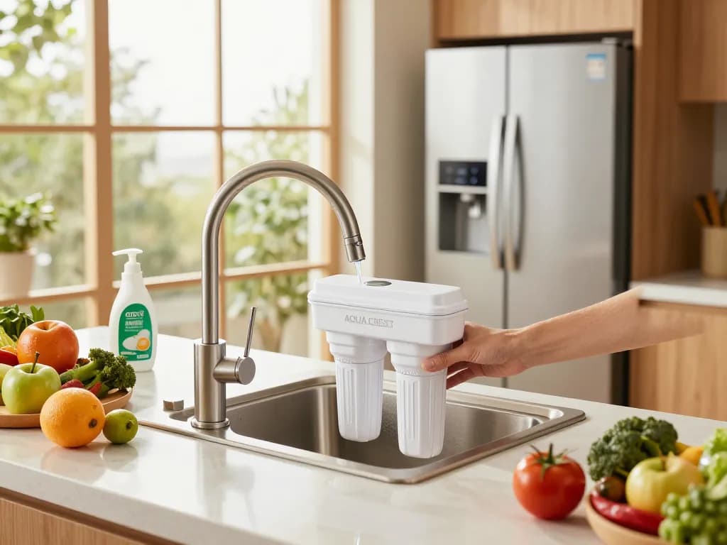 AQUA CREST ADQ73613401 Refrigerator Water Filter installation scene in a modern kitchen with fresh ingredients and eco-friendly cleaning supplies.