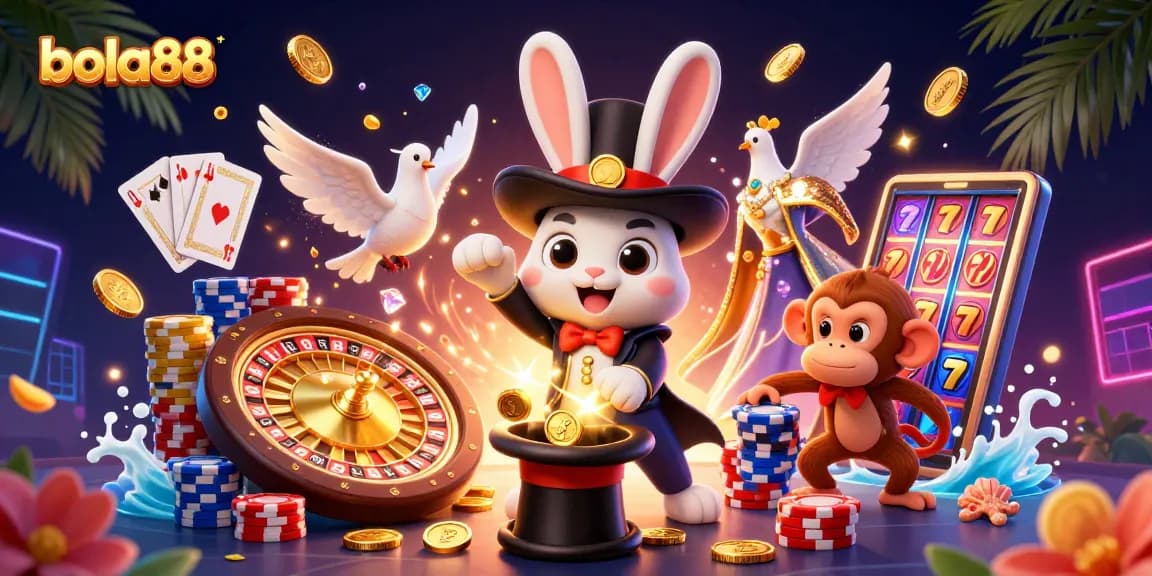 Engage with bola88 for thrilling parlay predictions in dynamic cartoon scene filled with casino elements.