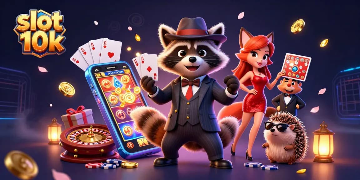 Experience thrilling gameplay and bonuses with slot 10k in this vibrant children's casino-themed illustration.