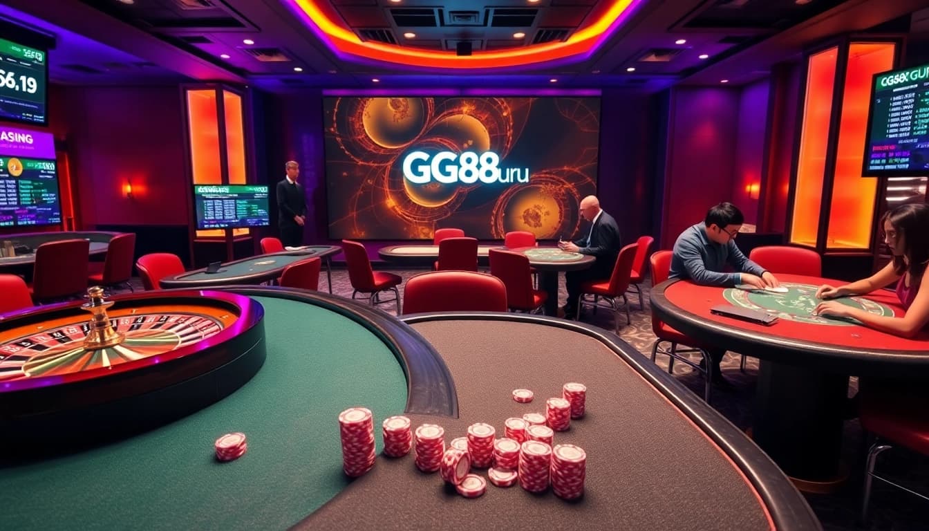 Players enjoying exciting games at GG88 Guru online casino with poker chips and roulette wheel.