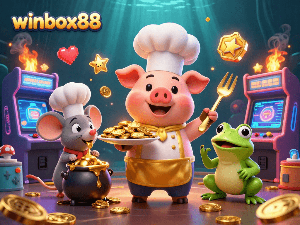 Experience the thrill of winbox88 with our cartoon chef pig and colorful casino elements.