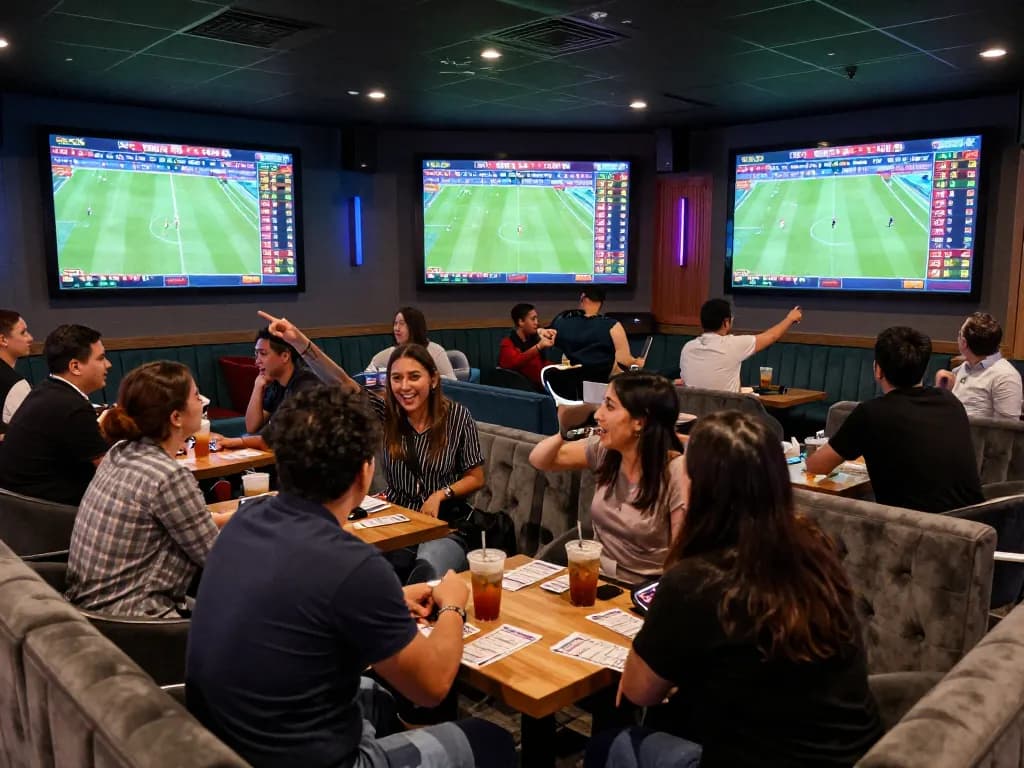 Betting excitement at a lively sports lounge showcasing keonhacai odds on large screens.