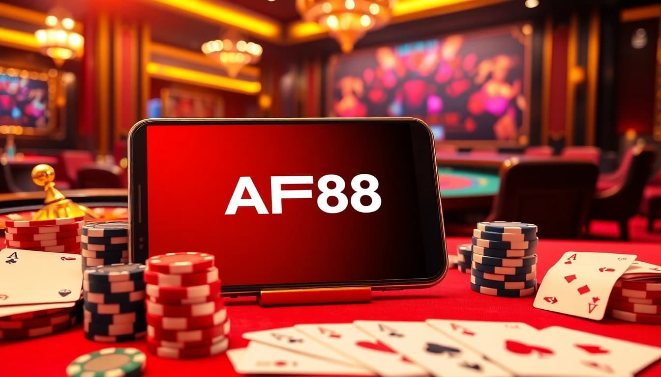 Engaging gaming experience with AF88 APP showcased alongside poker chips and cards.