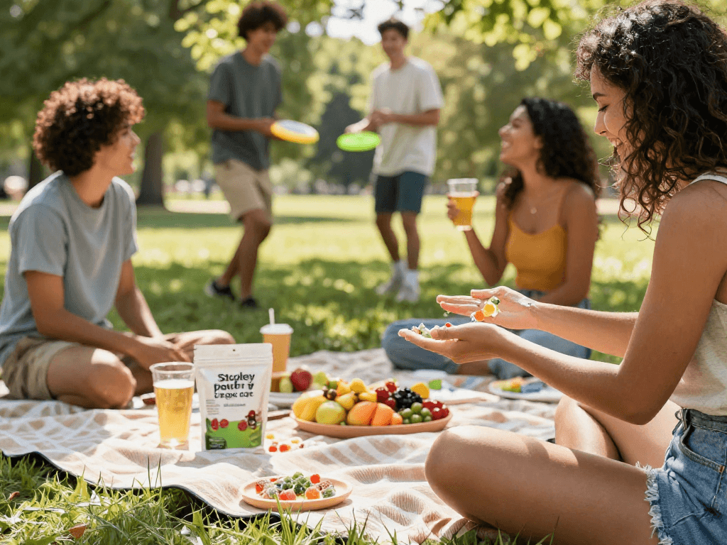 Stoney Patch gummies enjoyed at a picnic with CBD oil, fresh fruits, and friends, showcasing natural wellness.